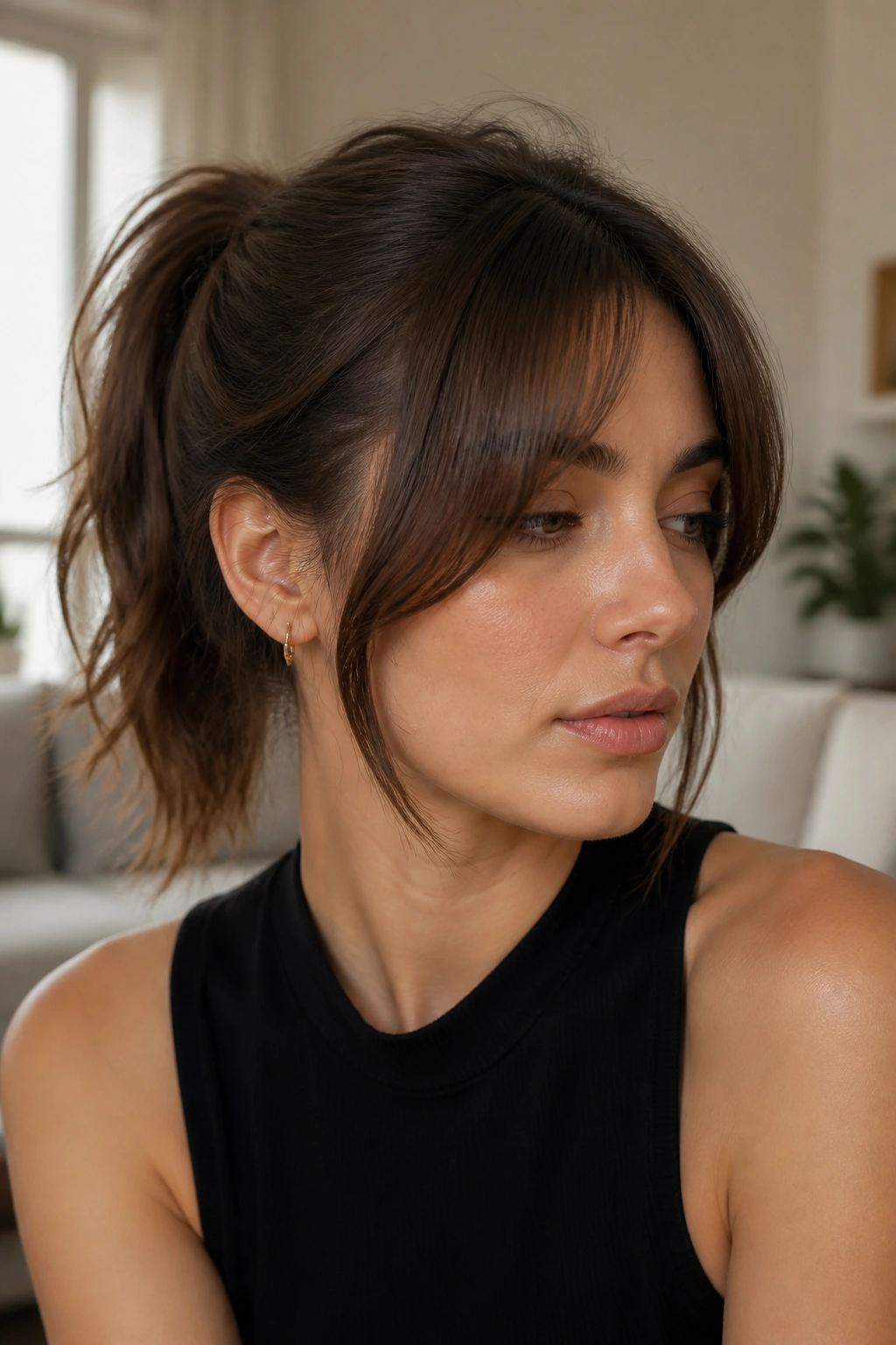 Close-up of a real woman with a long fringe adaptable for ponytails in a cozy living room