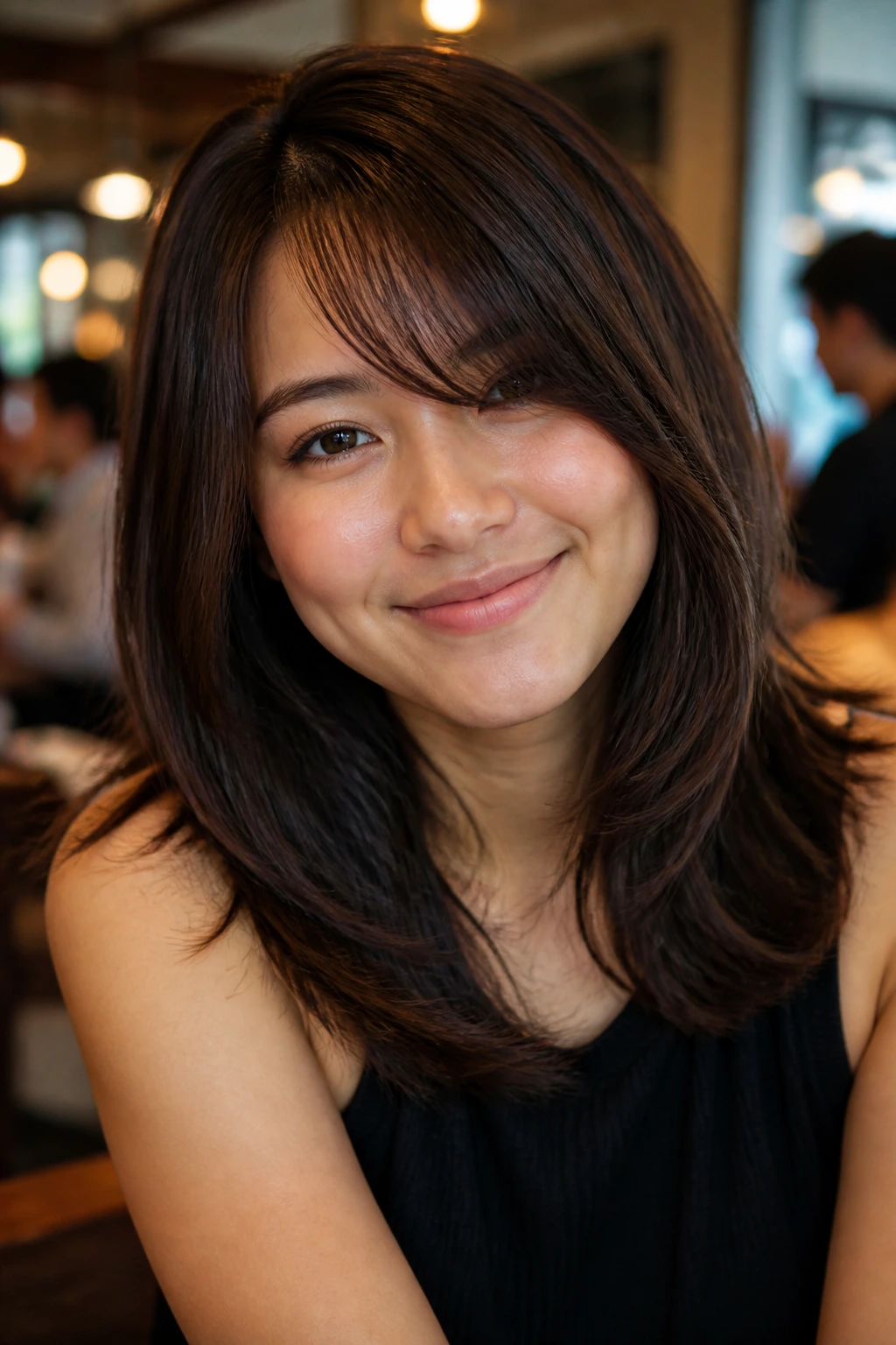 Long fringe and mid-length layers on thick hair in a cafe portrait