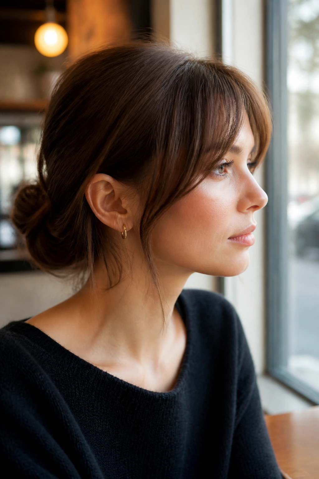 Real person with long fringe tucked back behind the ear
