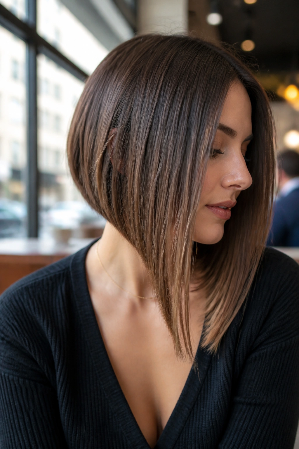 Portrait of real woman with long-front short-back lob showing front length longer than back