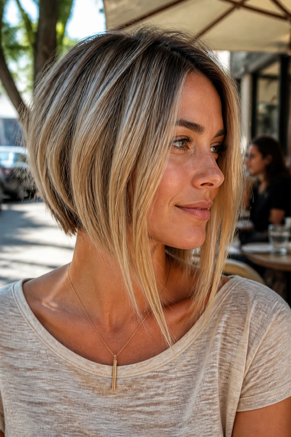 Close-up of a woman with a long-front bob in lived-in blonde
