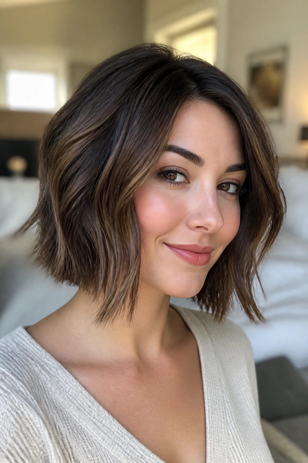 Close-up portrait of a real woman wearing a long-front bob that narrows the cheeks with soft waves