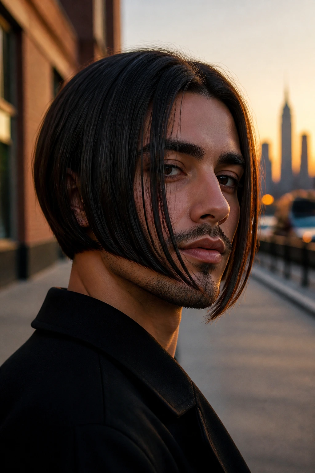 Close-up of a man with Long-Front Dramatic Inverted Bob showing a bold front length and sculpted back