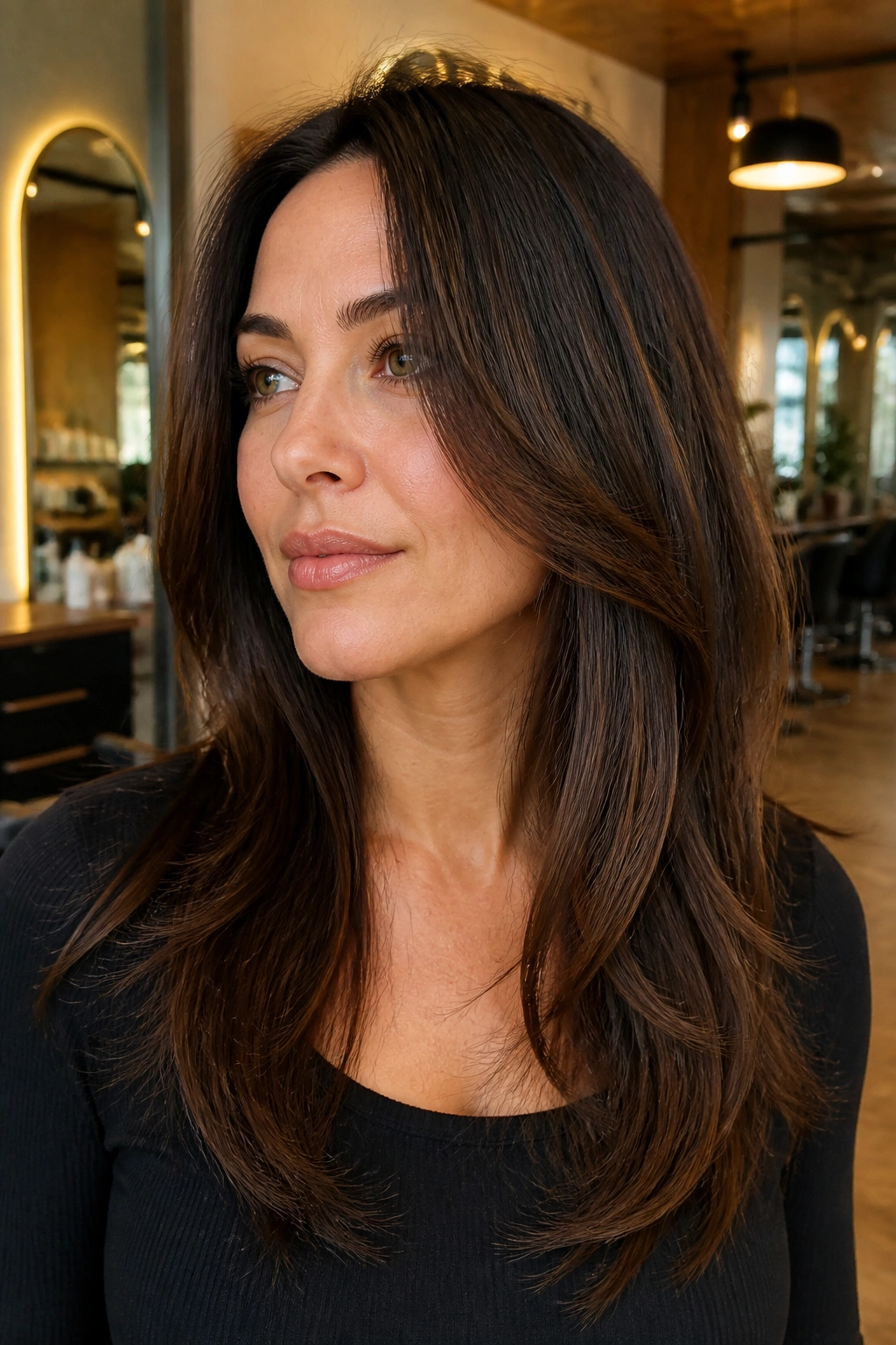 Real woman with long front layers starting below the chin portrait