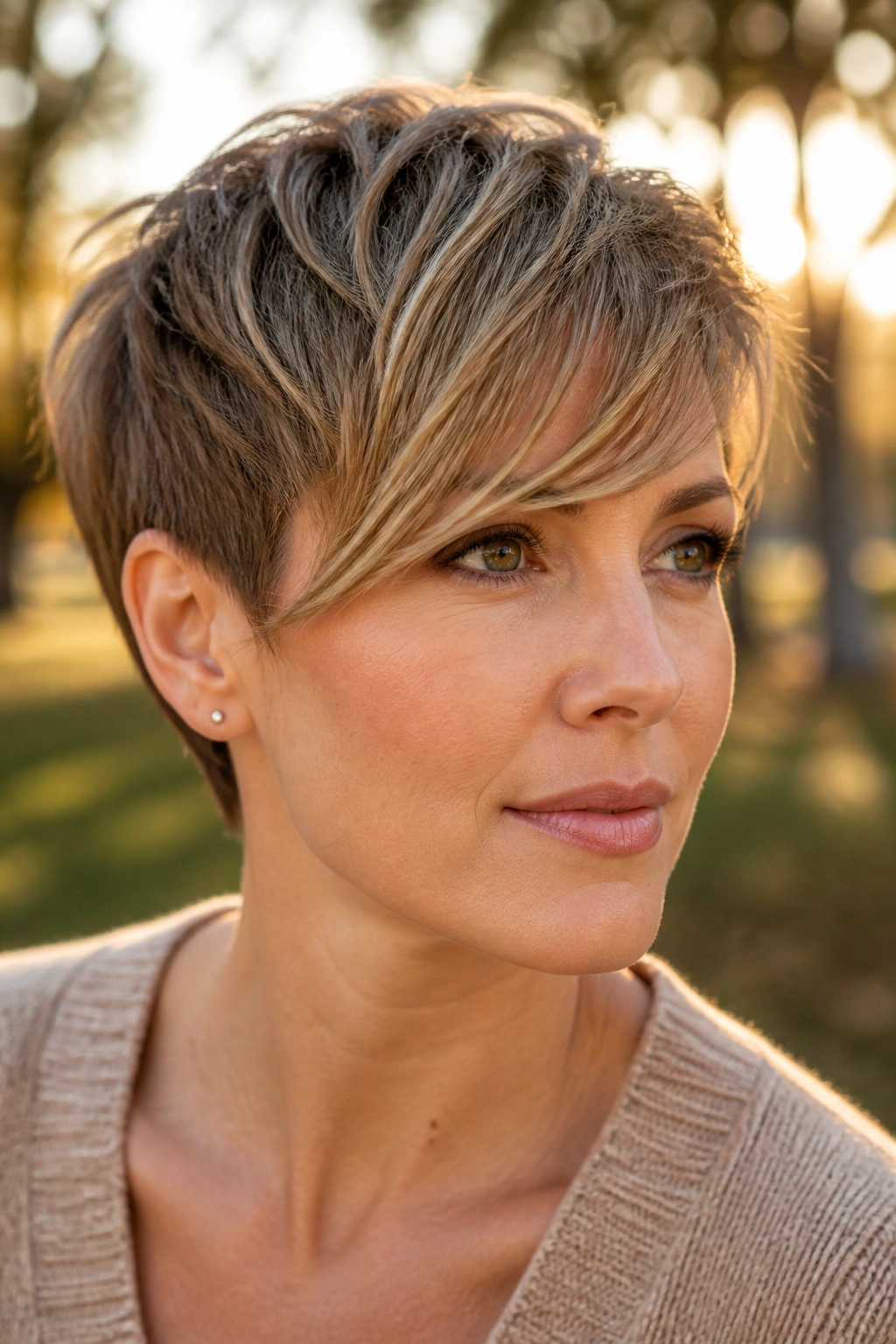 Real woman with long-front pixie skimming brows in golden hour light