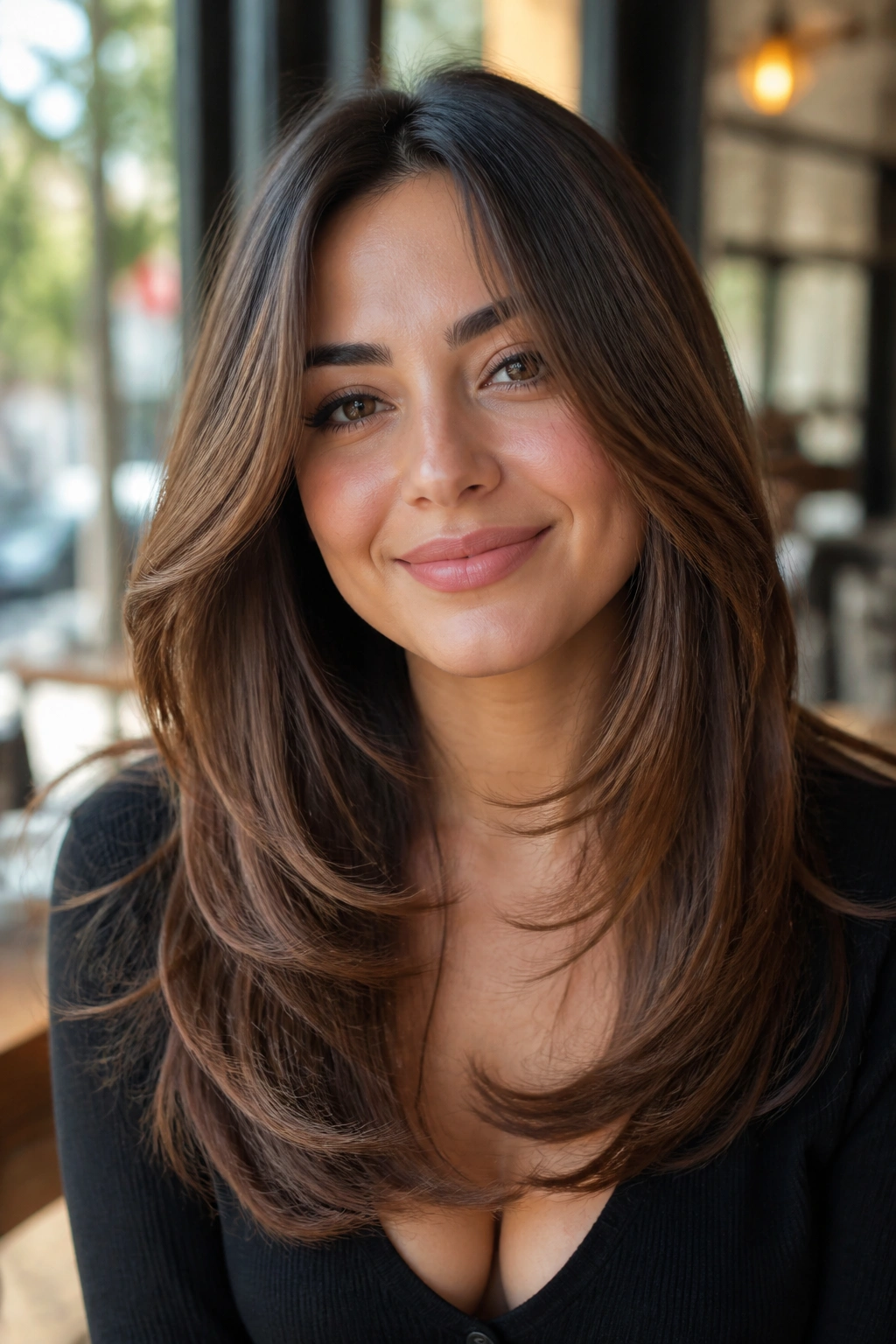 Portrait of a woman with long glossy layered hair in a cafe setting