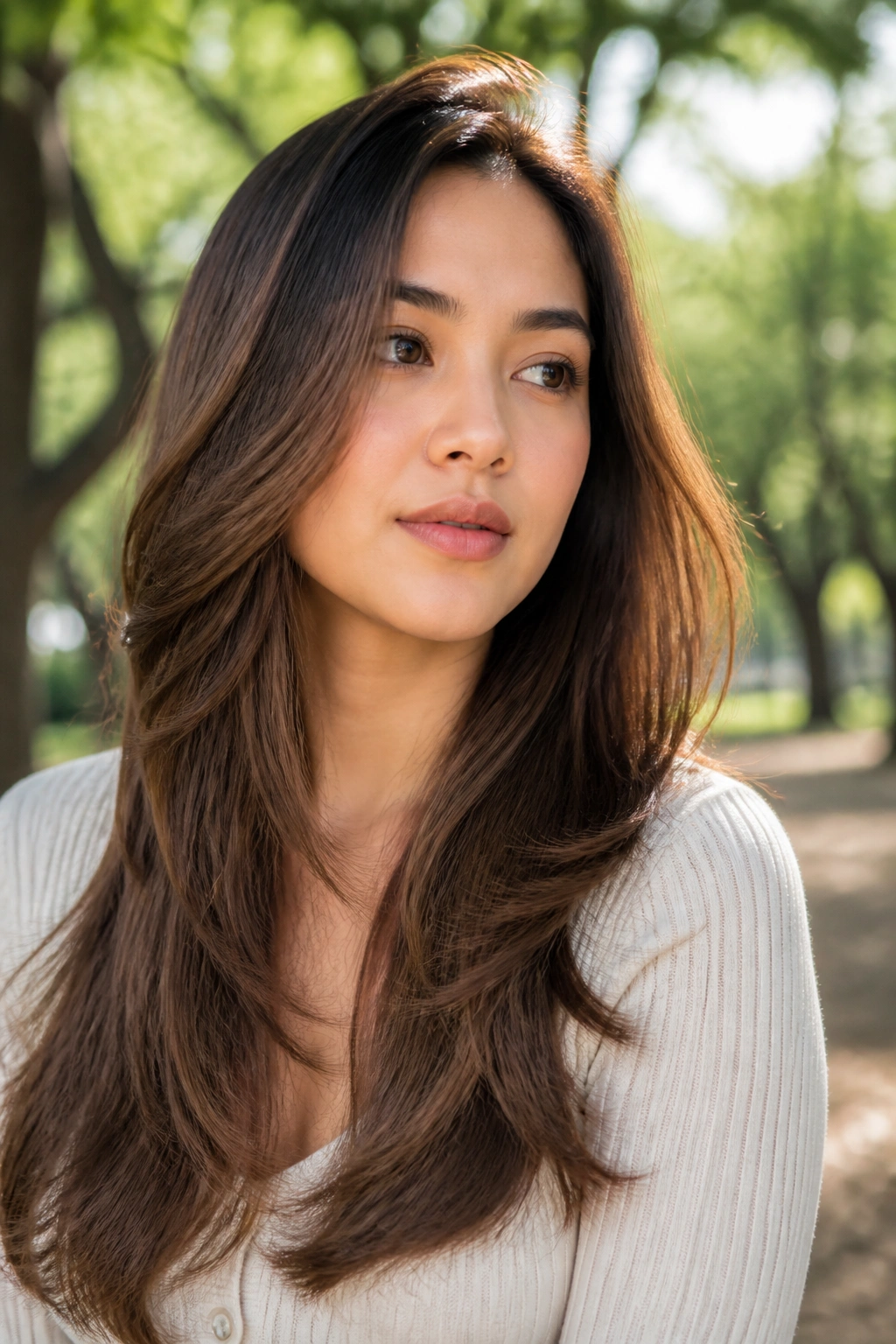 Close-up of a real woman with long graduated layers past the shoulders.