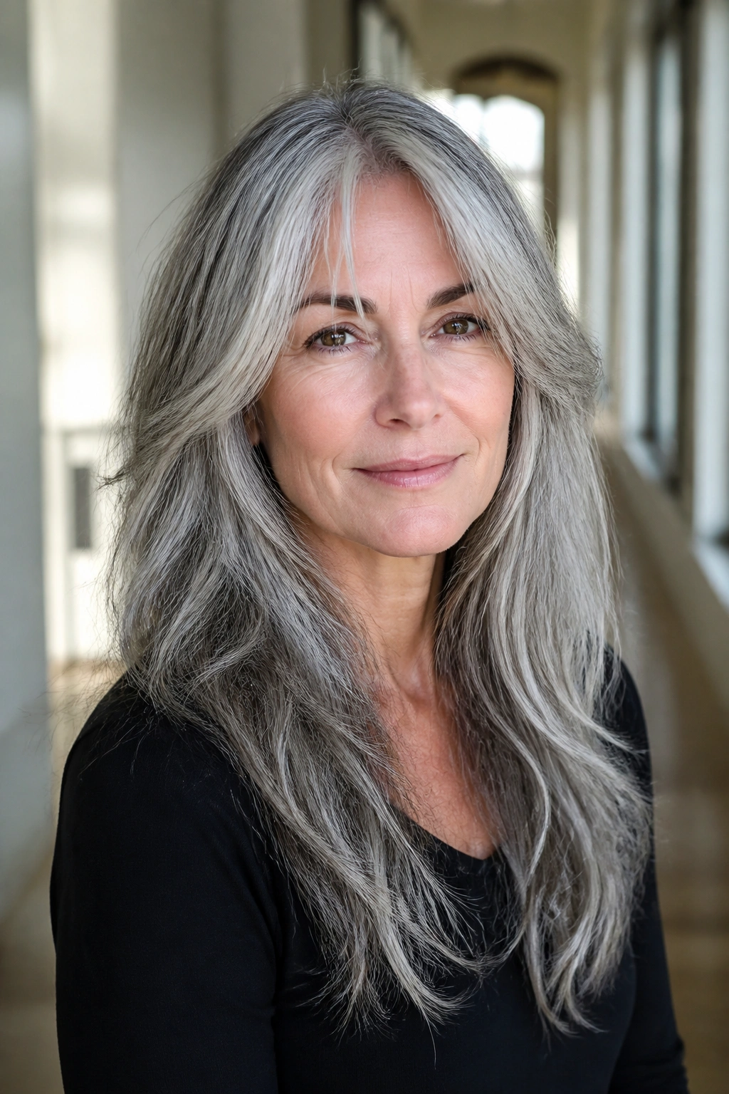 Close-up portrait of a real woman with long gray shag and invisible layers in soft daylight