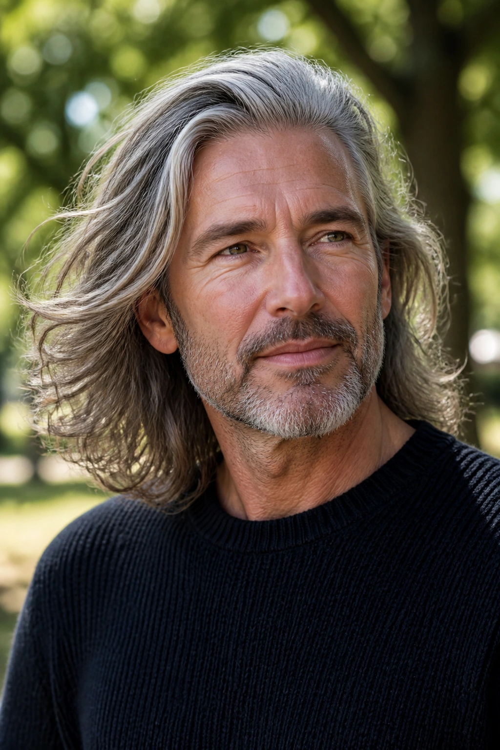 Portrait of man with shoulder-length gray wavy hair outdoors