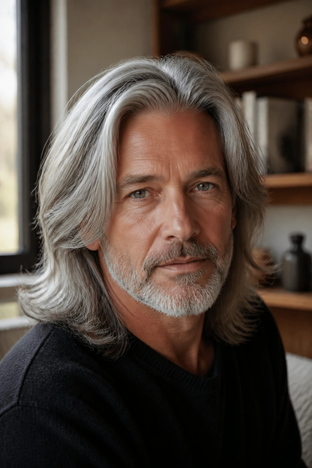 Close-up portrait of a man with long grey layered hair in a cozy room