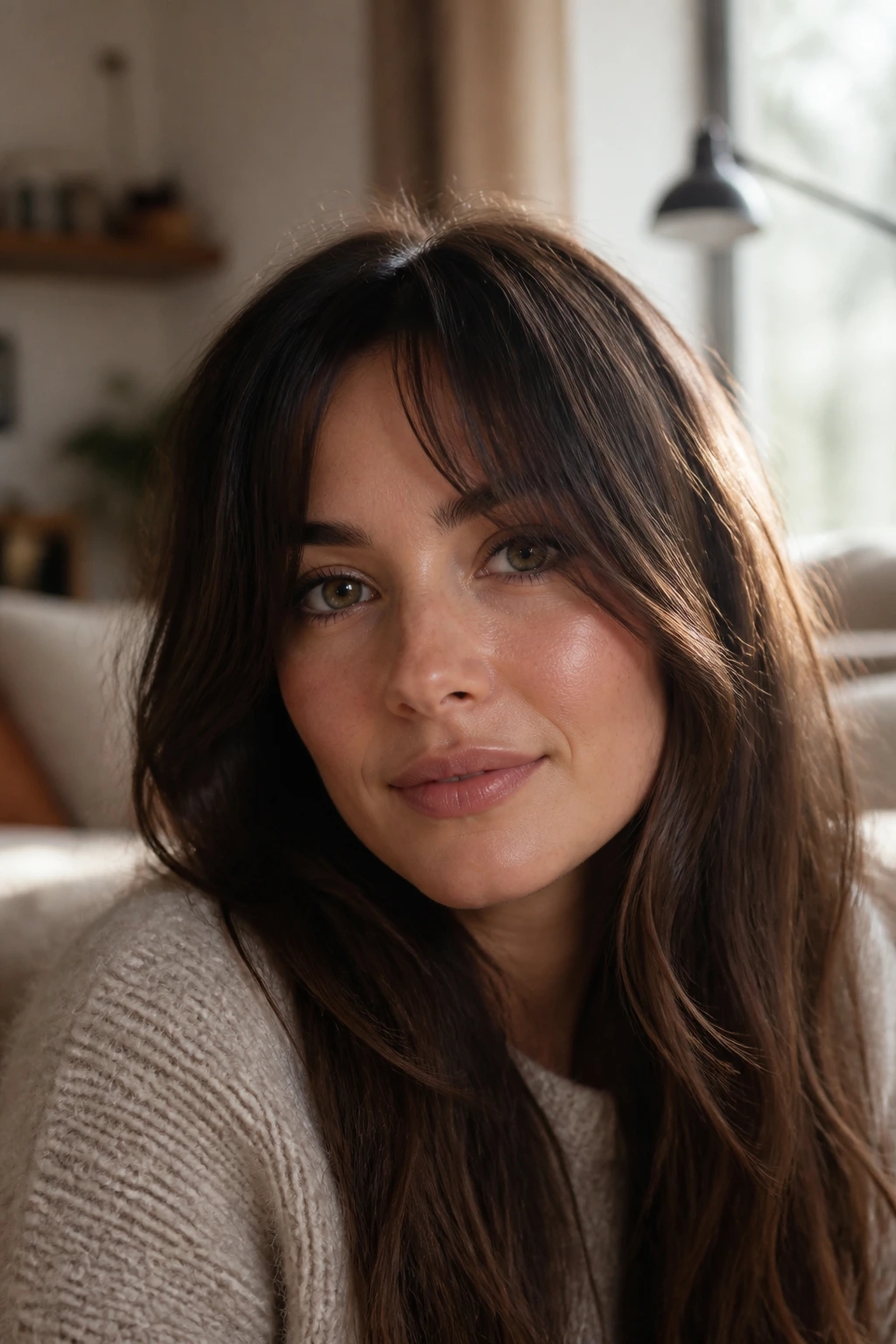Close-up of Long Grown-Out French Bangs on a real woman in a softly lit living room