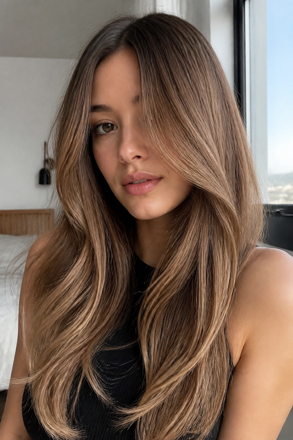 Close-up of long glossy beige-brown hair with soft shine on a real person