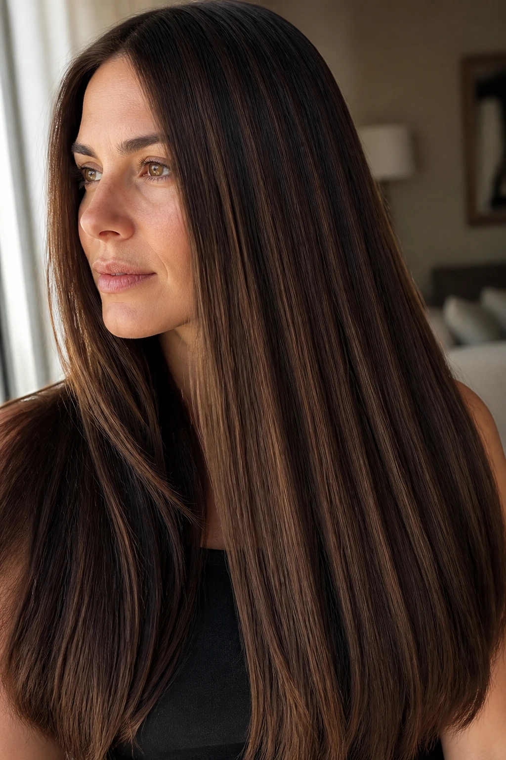 Close-up of long, single-length brunette with mid-shaft chocolate lowlights.