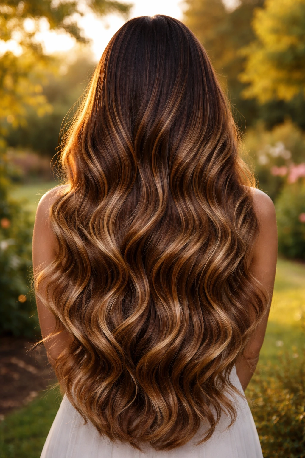 Back view of a woman with Long Hair Caramel Cascade