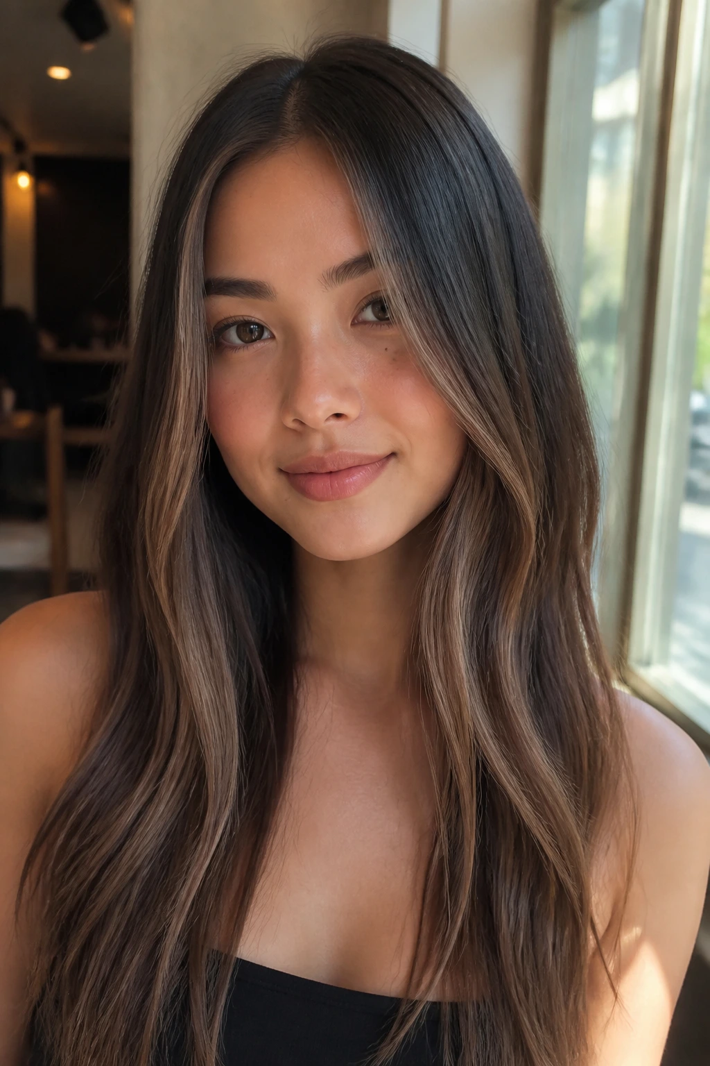 Close-up of a real person with long hair center-part and ribbon highlights in natural light