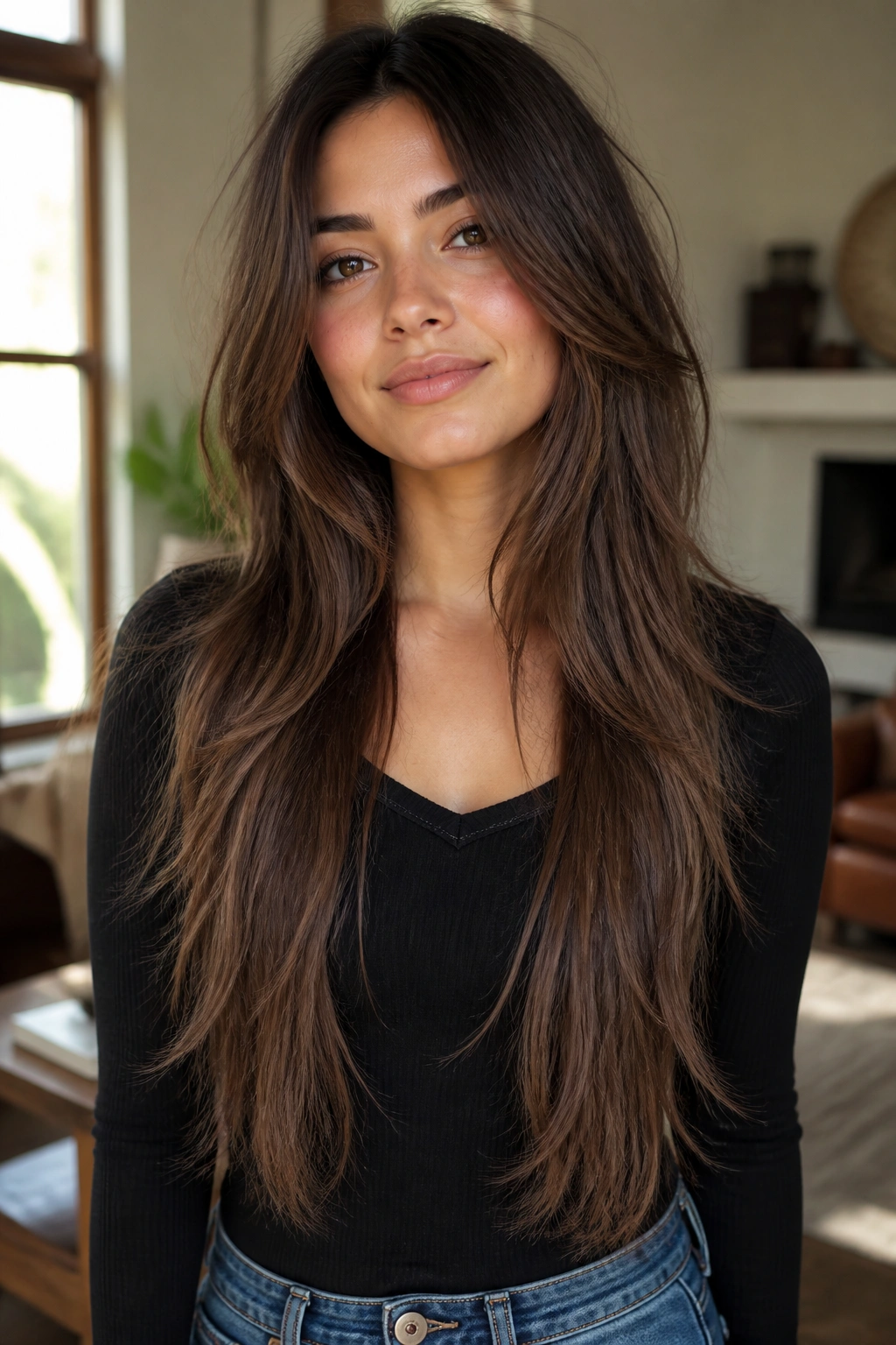 Close-up portrait of a real woman with long hair featuring soft shattered ends in warm natural light