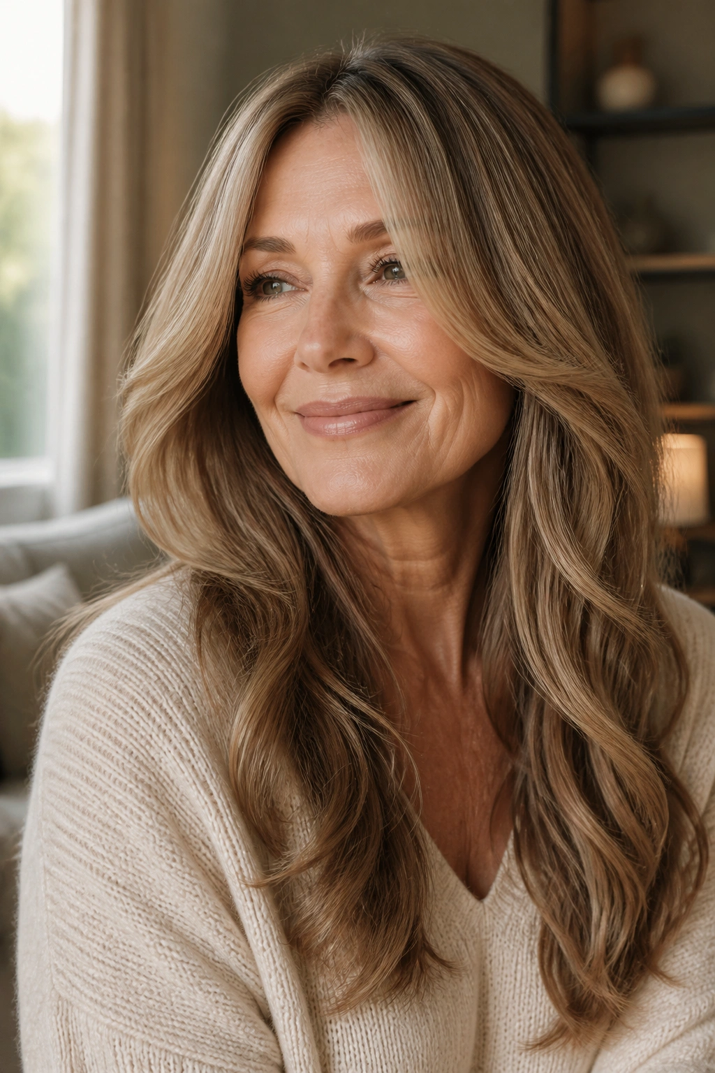 Close-up of a woman with long hair featuring face-framing layers and soft waves in warm natural light