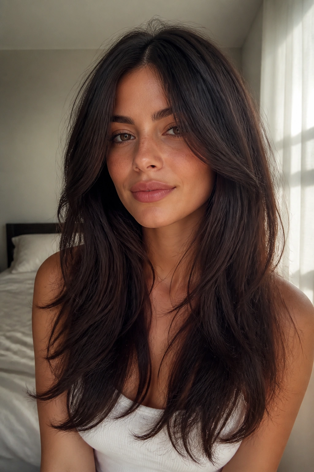 Medium close-up of a real person with long hair and internal face-framing layers