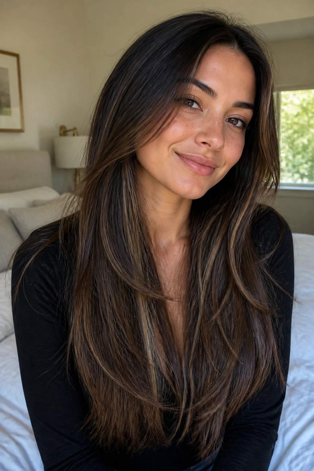 Close-up of a real woman with long hair showing internal layers