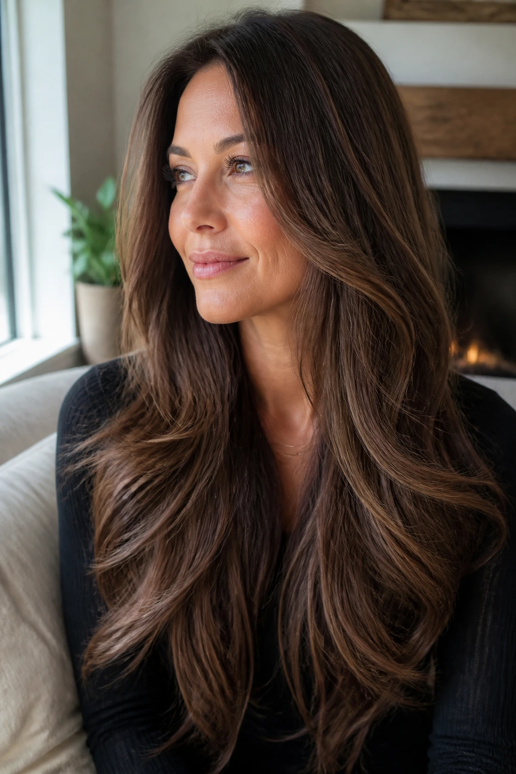 Real woman with long hair and invisible layers, portrait
