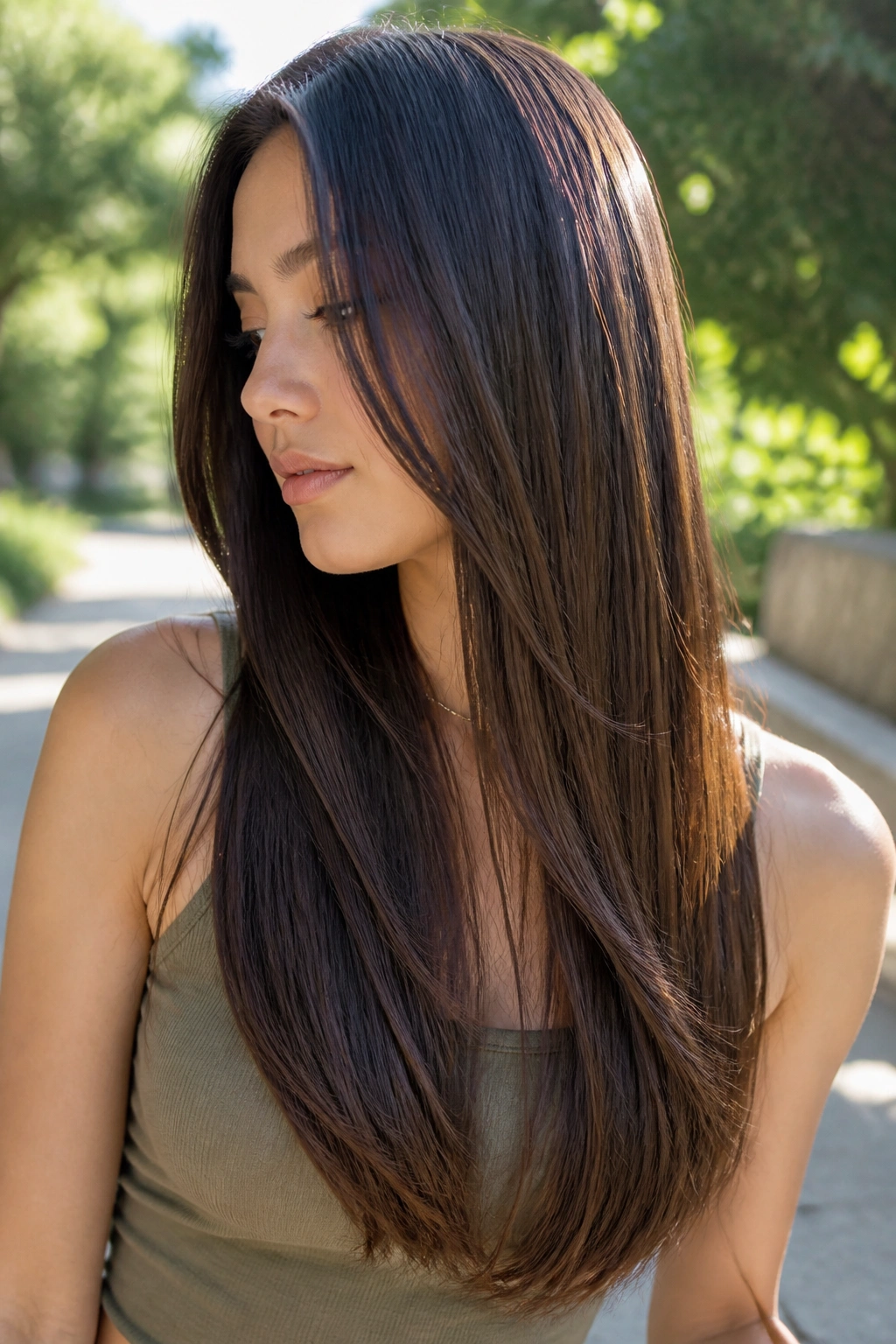 Portrait of a woman with long straight hair showing subtle invisible layers in sunlight.