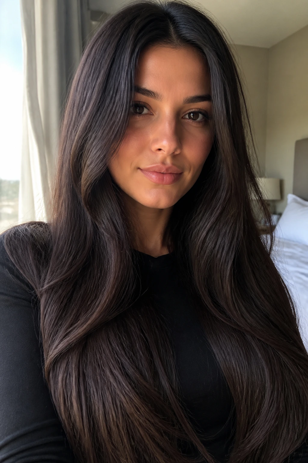 Close-up of a real woman with long, thick hair showing subtle interior layers