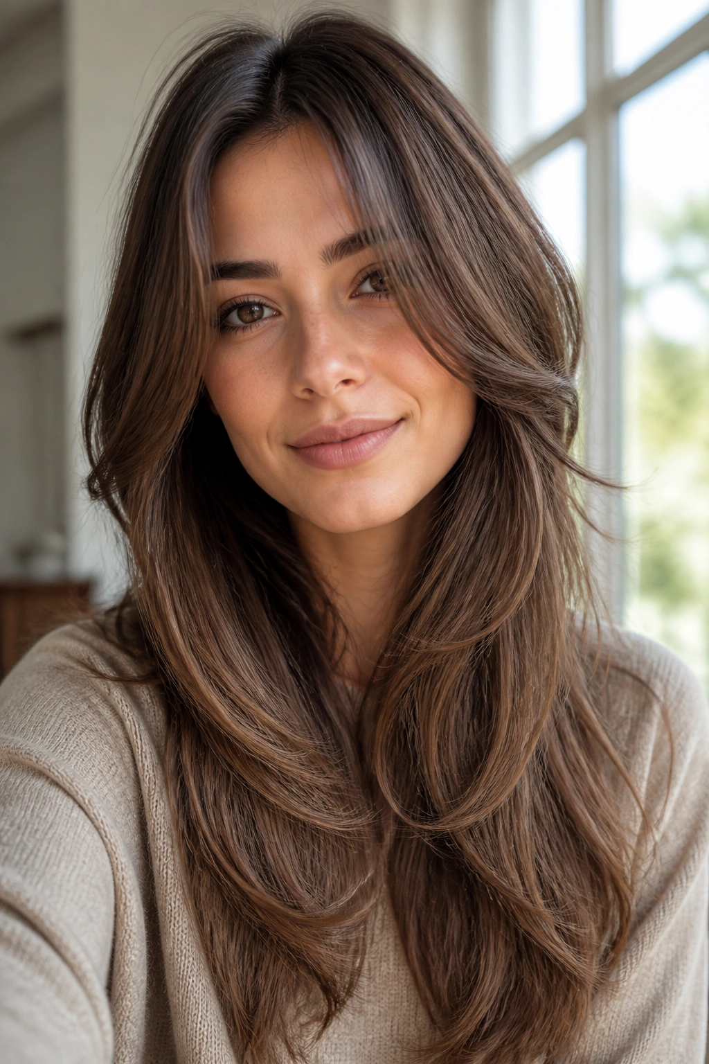 Close-up of a real woman with long hair and invisible layers.