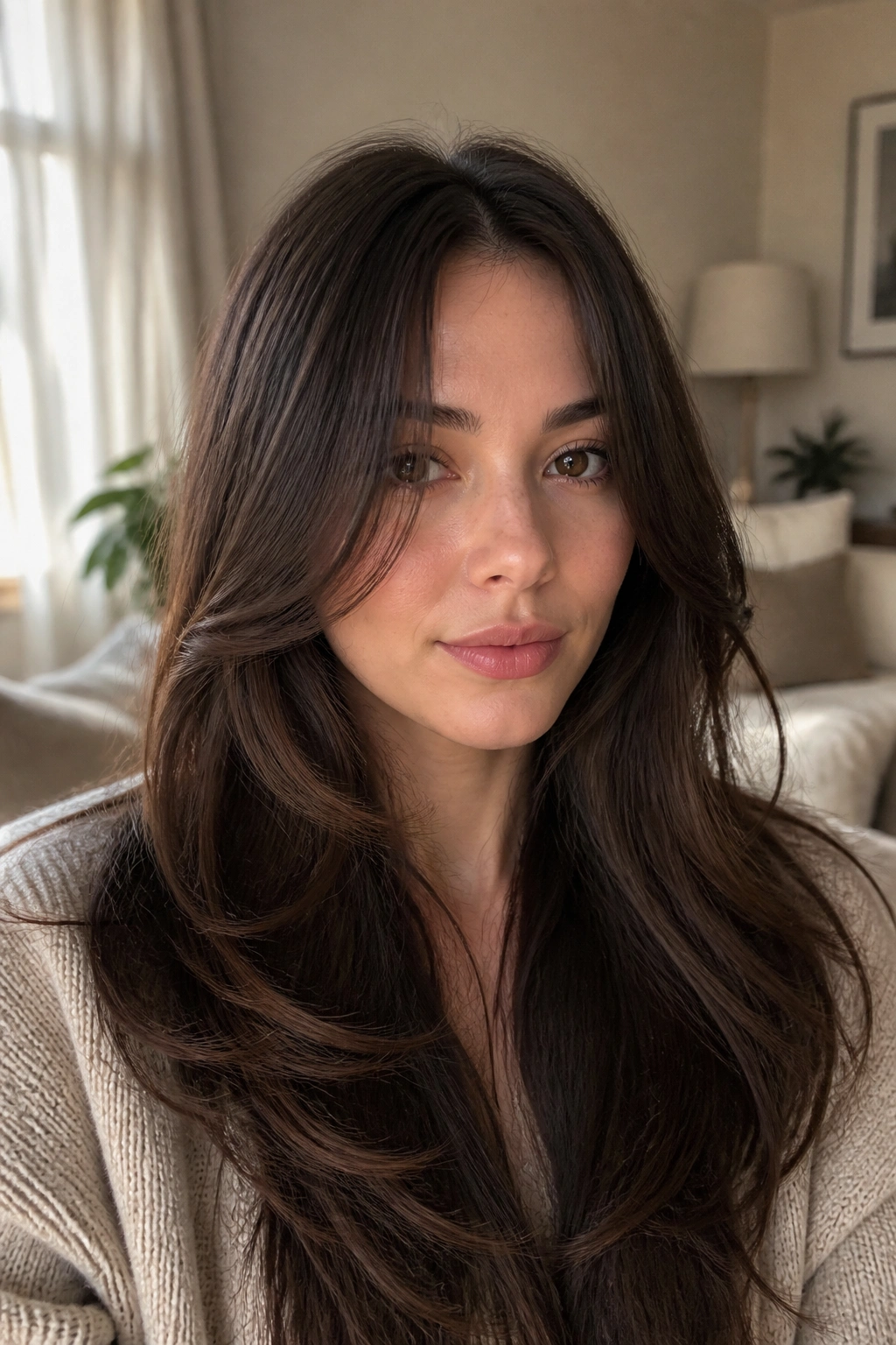 Close-up portrait of a real woman with long brunette face-framing layers starting below the cheekbones in warm window light