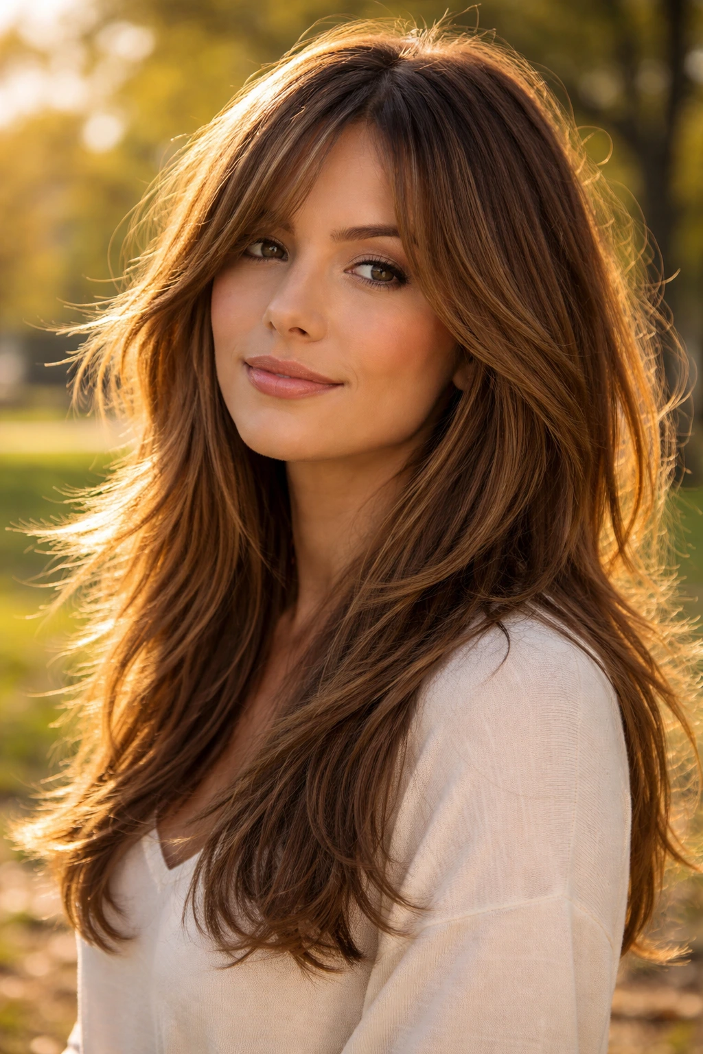 Close-up of a real person with long choppy layers outdoors in a park