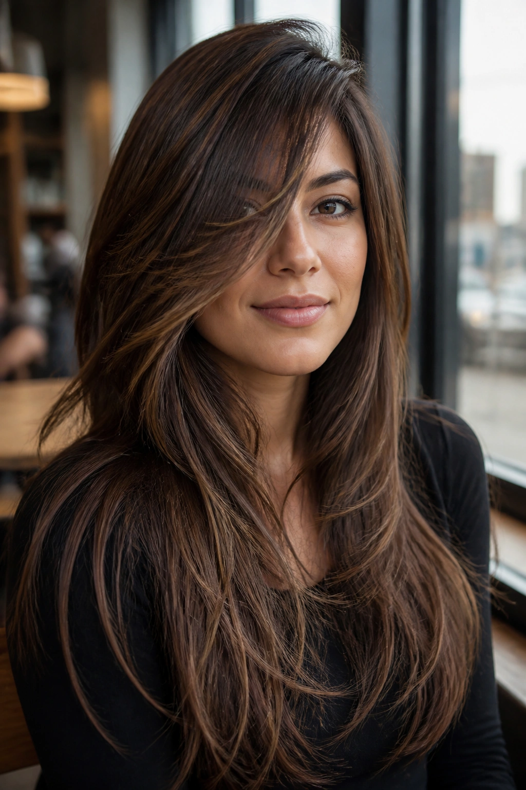 Close-up portrait of a real woman with long layers and side-sweep framing her face