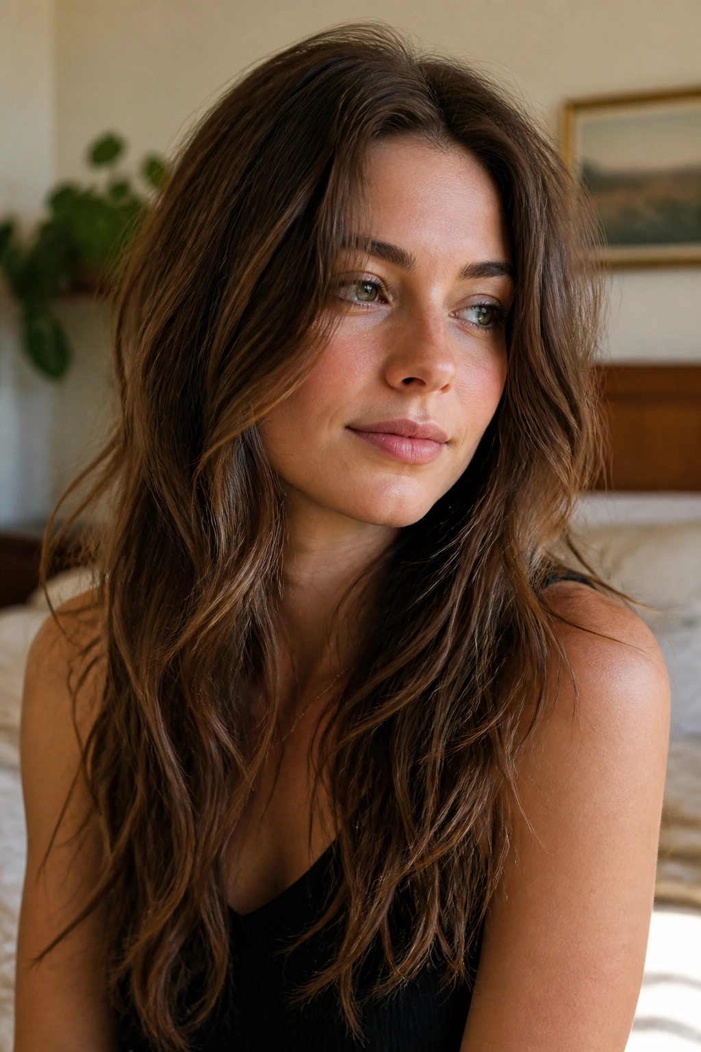 Close-up of a real woman with long tousled layered hair under warm window light