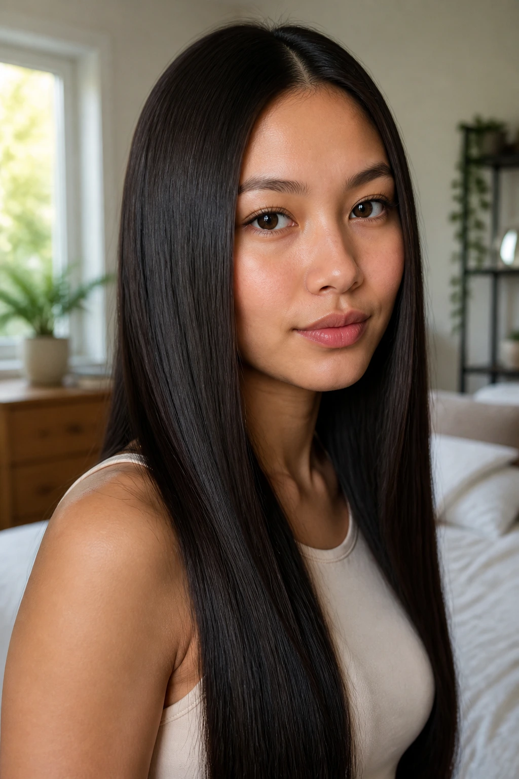 Close-up portrait of a real woman with long straight middle-part hair, glossy and sleek