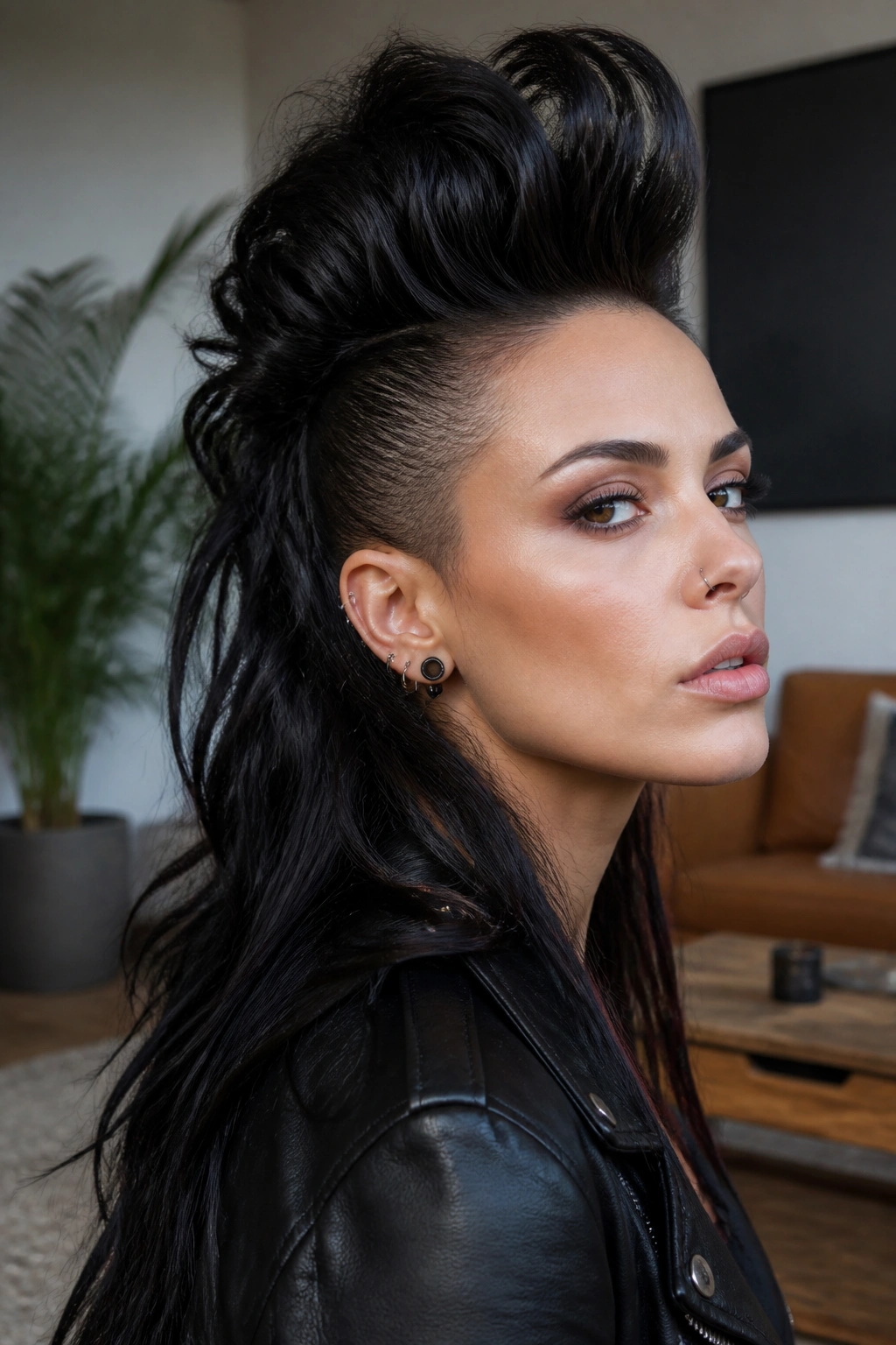 Close-up portrait of a real woman with a long-hair mohawk and pinned volume.