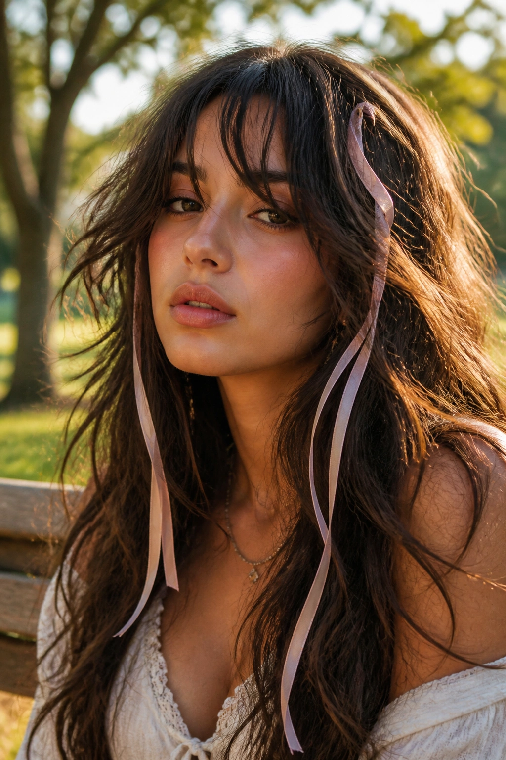 Portrait of a real woman with long choppy hair and face-framing ribbons in golden hour light.