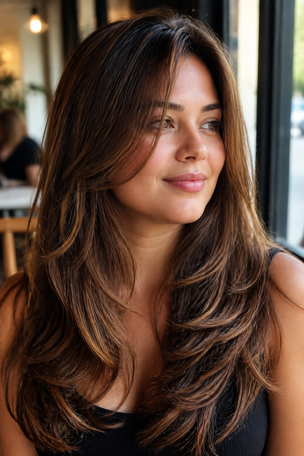Portrait of a woman with long brown sliced-layered hair catching light, blurred cafe background.