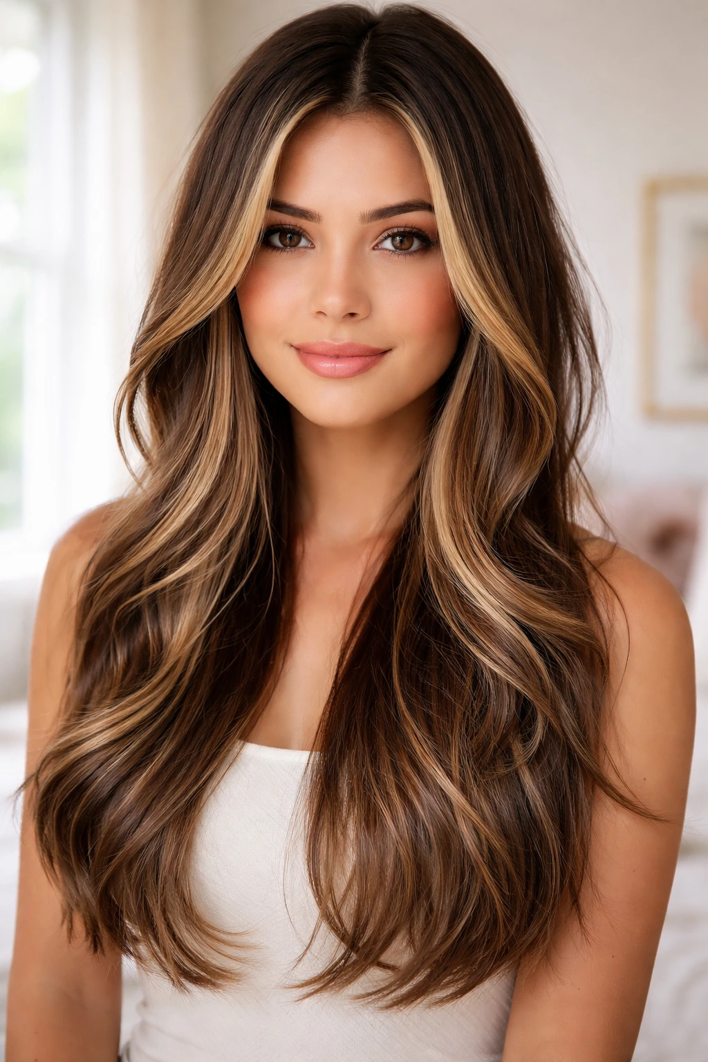 Long hair with subtle balayage highlights framing the face