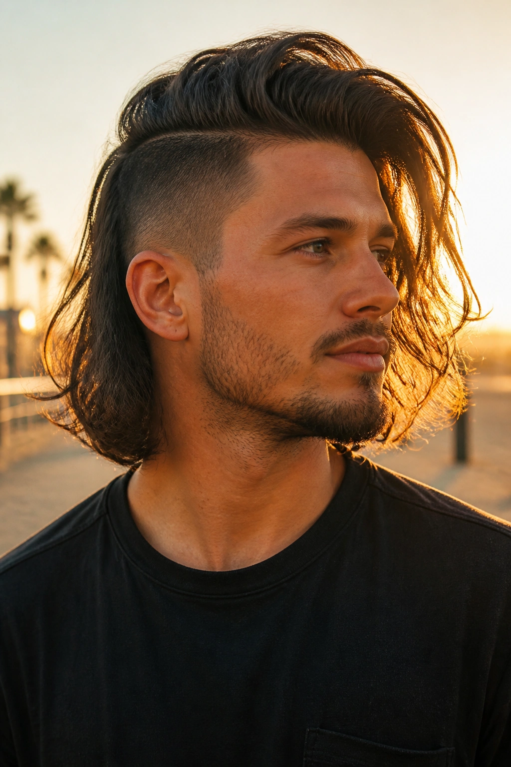 Portrait of a man with long top undercut on a beach boardwalk at sunset