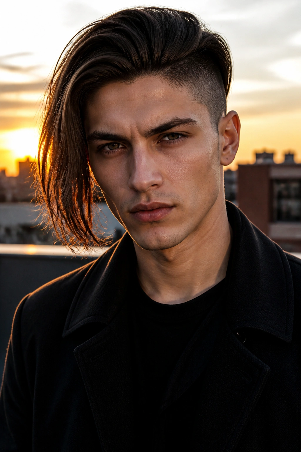 Portrait of a real person with long hair undercut and dramatic top.