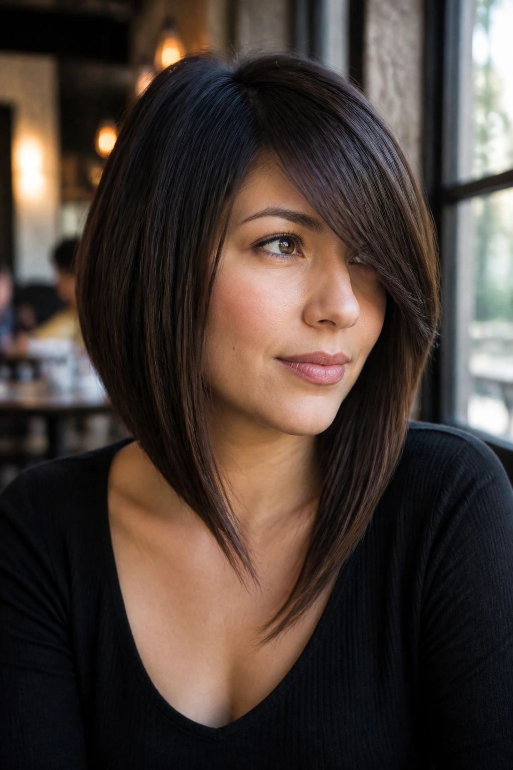 Portrait of a woman with long inverted bob and deep side-swept fringe in a cafe setting