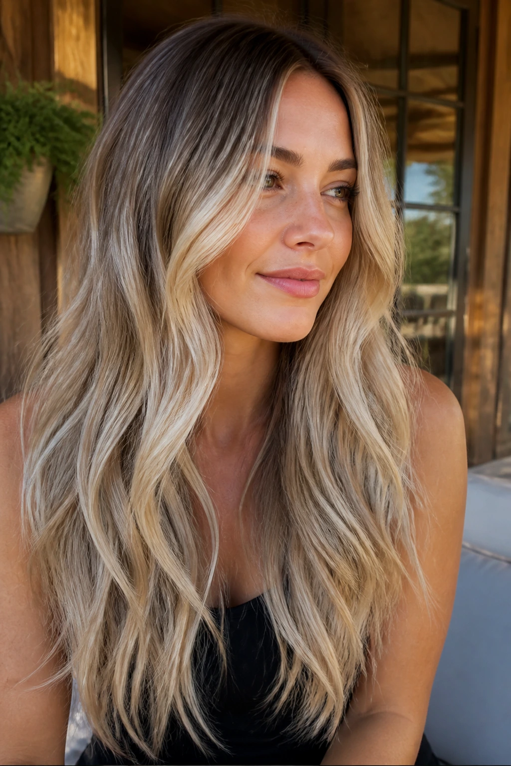 Portrait of a woman with long layered balayage and a soft shadow root outdoors