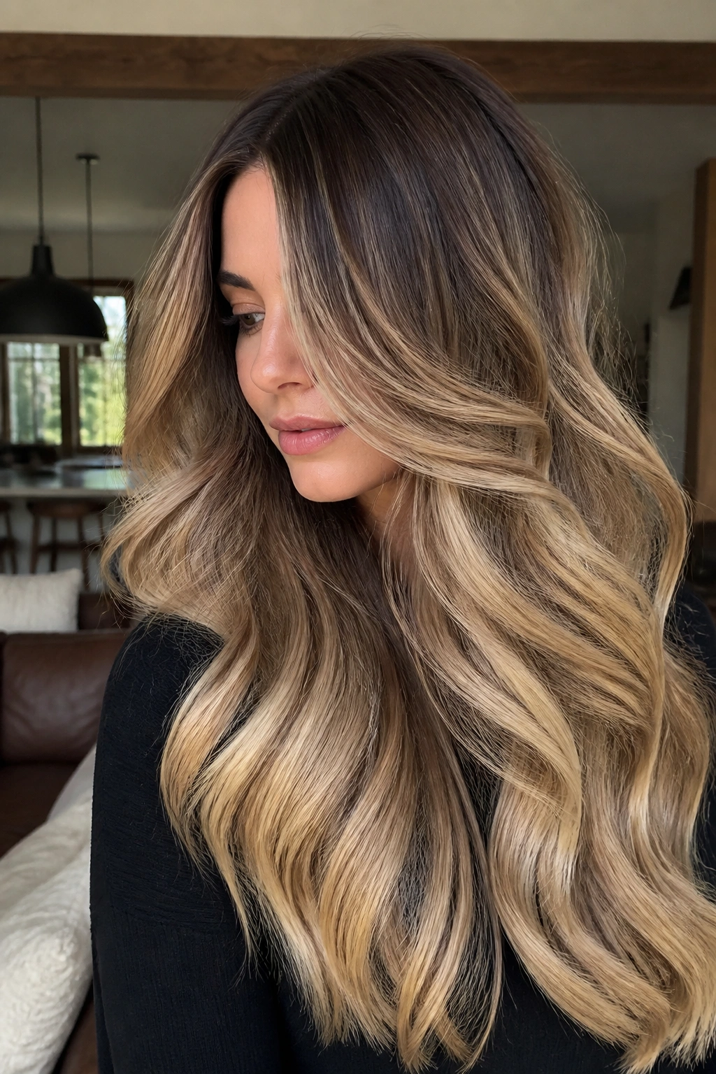 Close-up of long layered hair with balayage sweep on a real person in daylight.