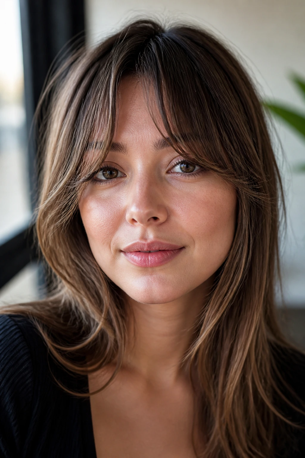 Portrait of a real woman with long layered bangs melting into face-framing pieces