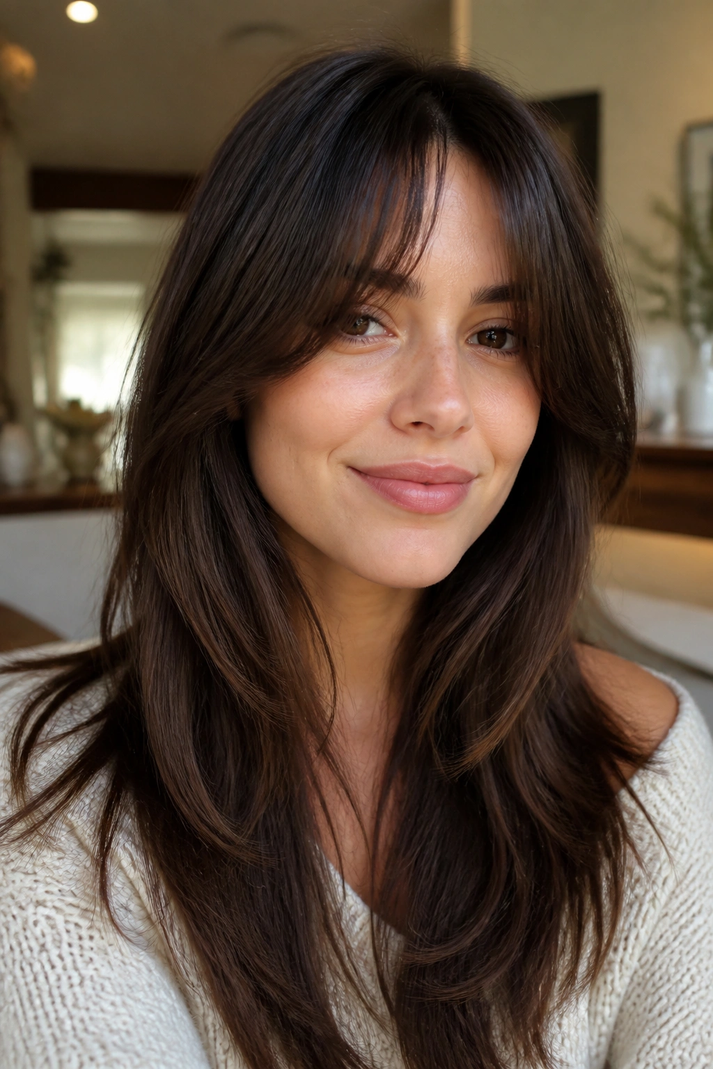 Close-up of a real person with long layered bangs blending into the cut.