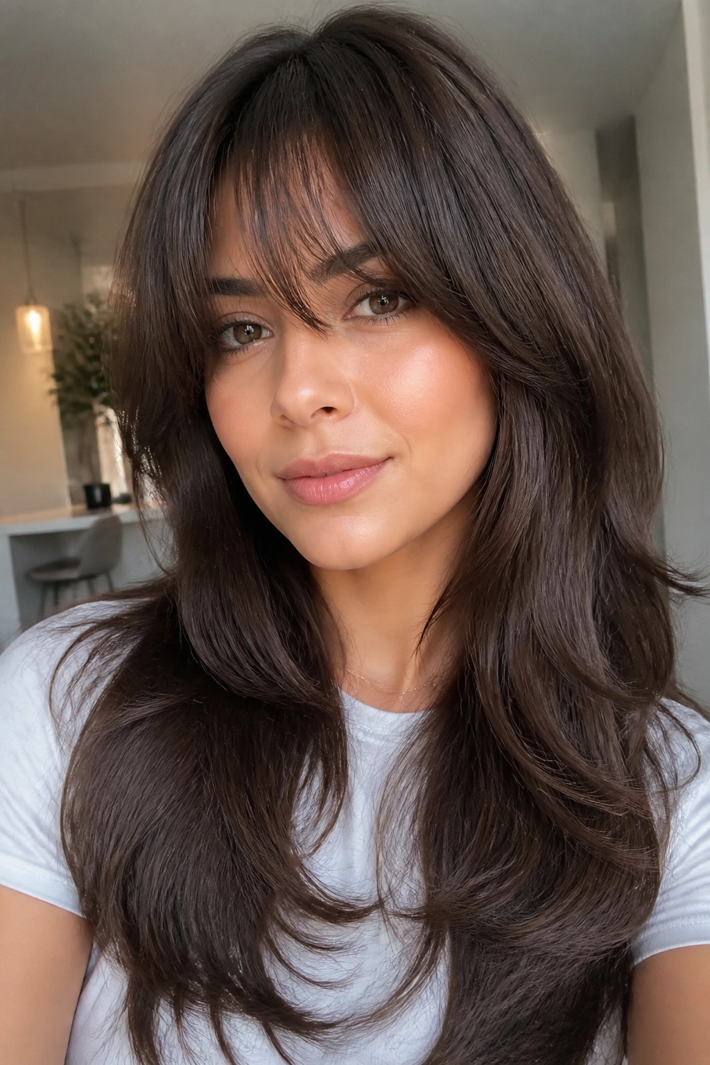Close-up of a real woman with long layered bangs for thick hair.