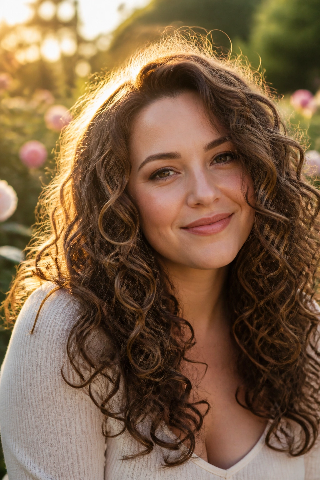Real person with long layered curls in a garden at golden hour
