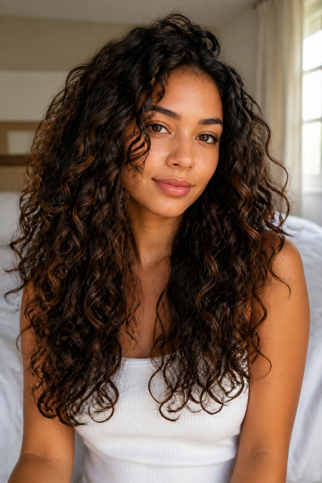 Close-up of a real person with long layered curls in a bedroom setting