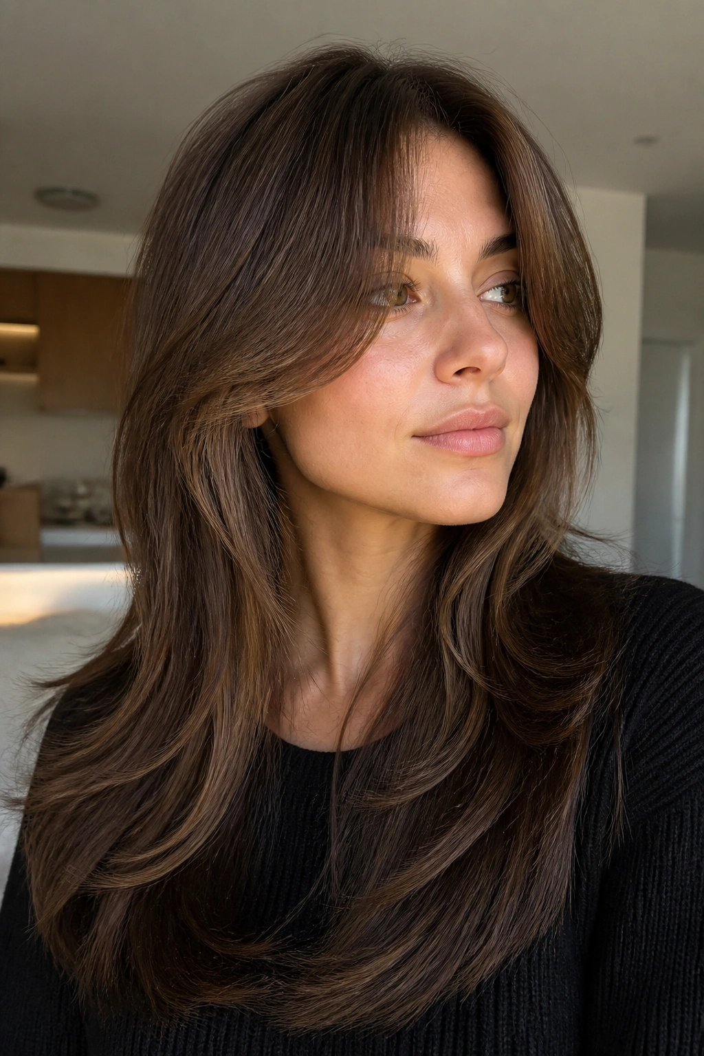 Close-up portrait of a real woman with long layered curtain bangs blending into the cut
