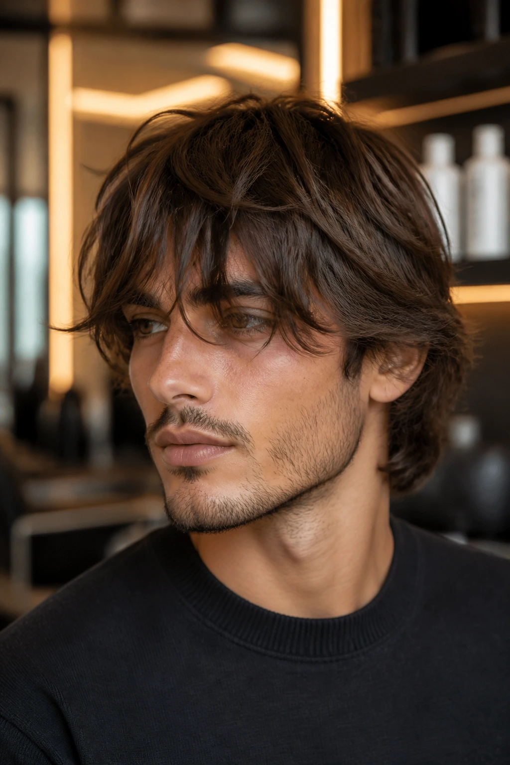 Close-up of a man with long layered fringe