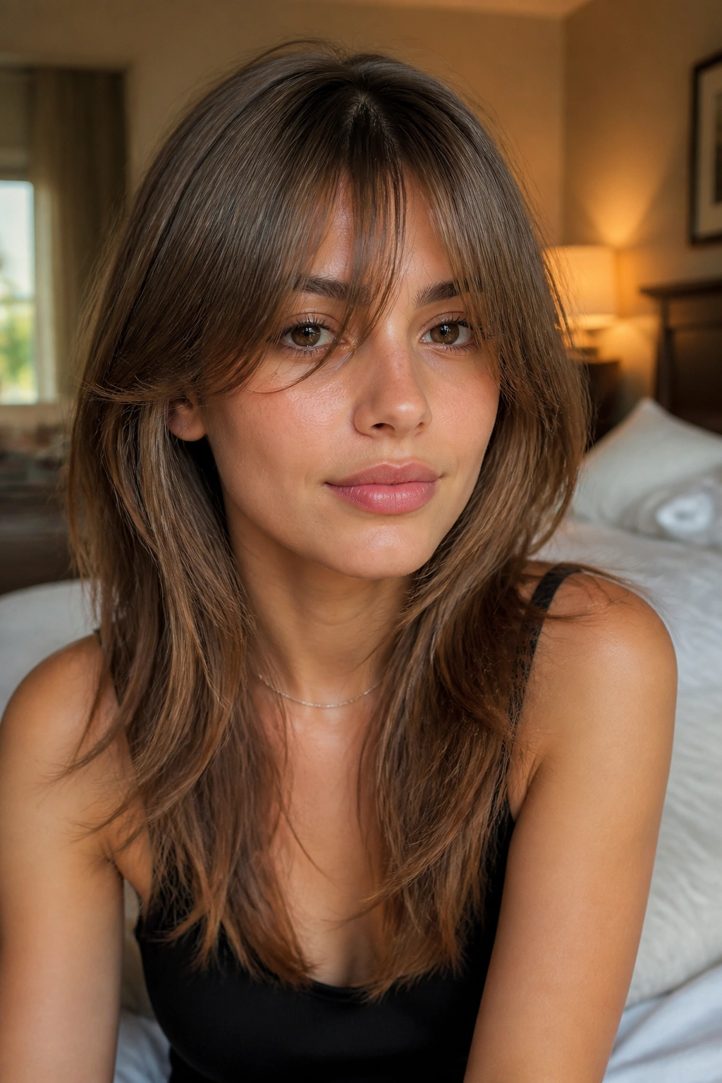 Portrait of a person with long layered fringe sweeping across the forehead.