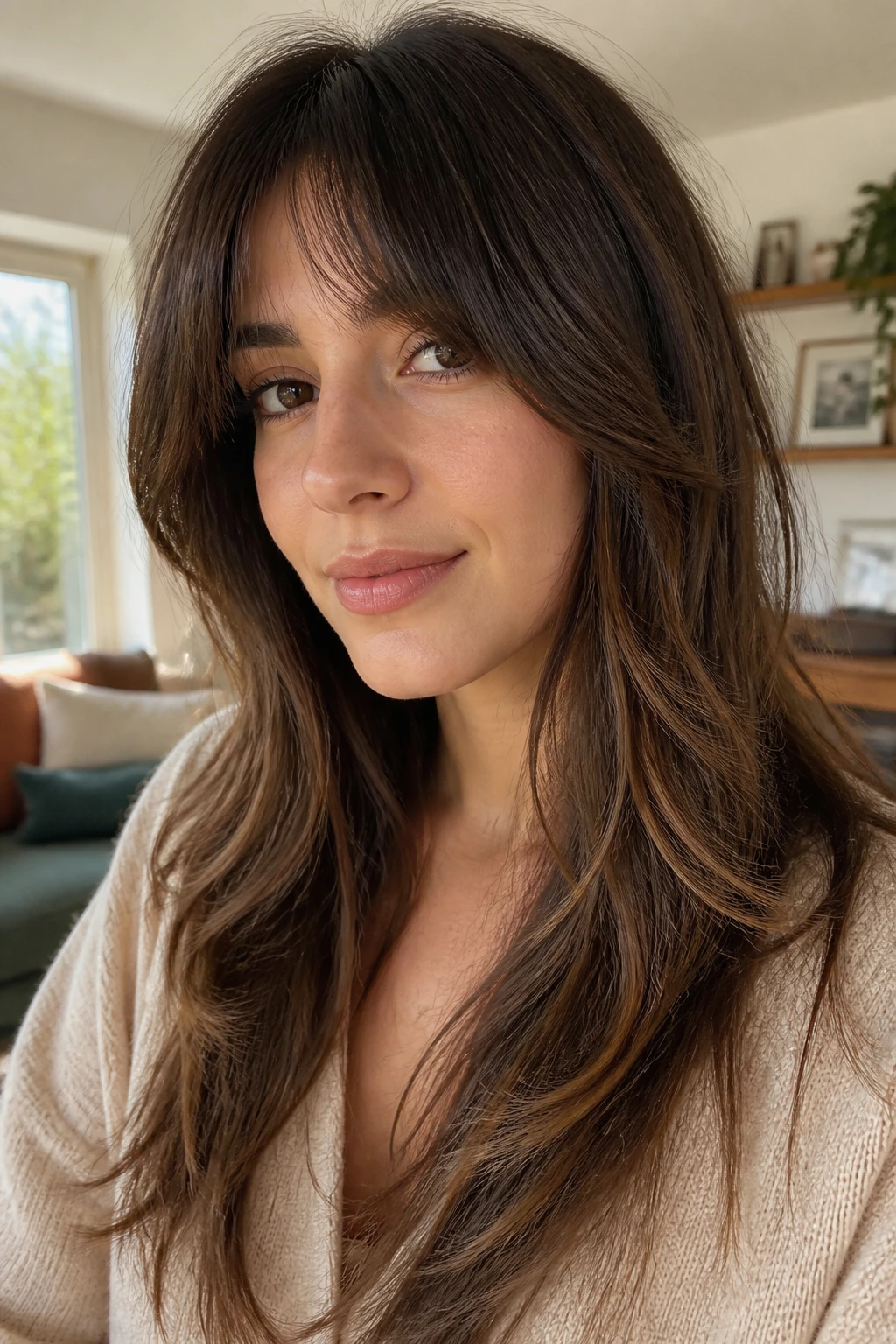 Close-up portrait of a real woman with long layered fringe around the cheekbones.